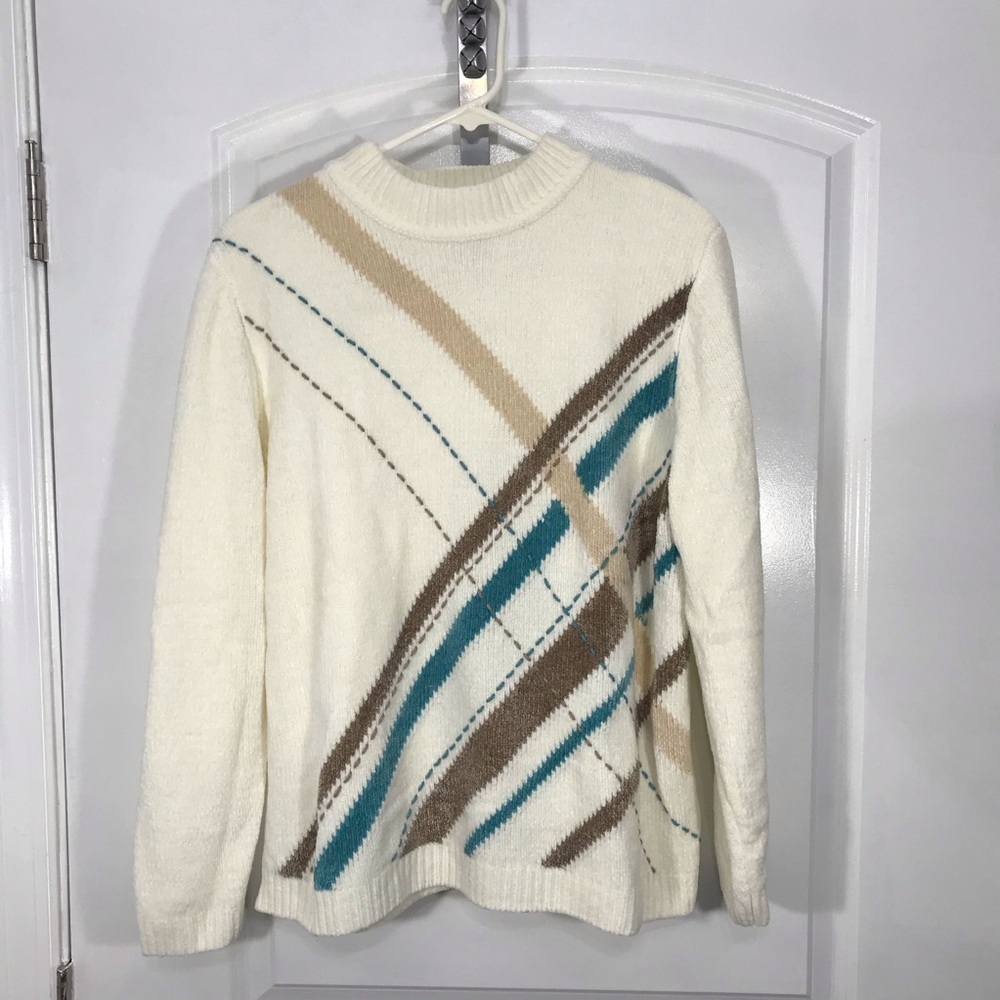 Alfred Dunner Stylish Cream Sweater with Blue and Brown Accents Size M CB-112